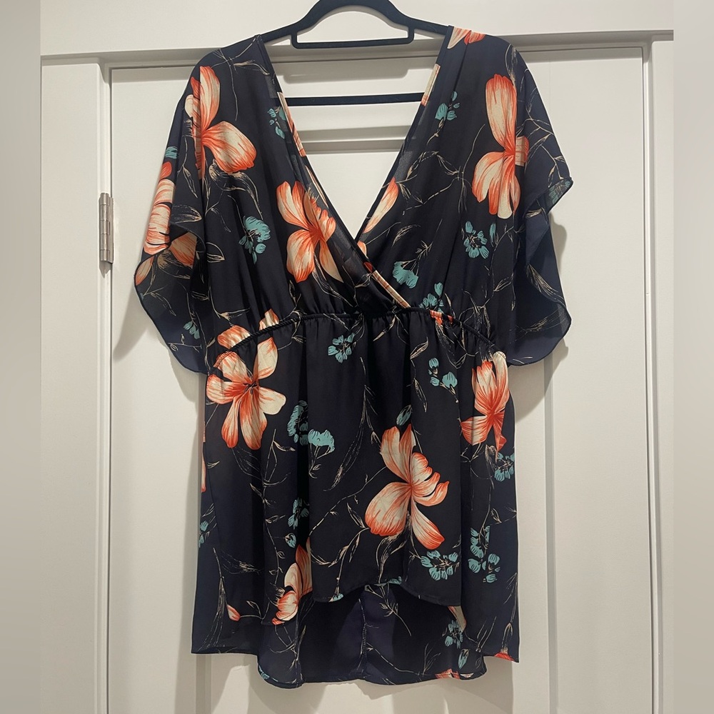 Navy Floral Sheer Tunic Top | Open Back Tie | High Low Hem | Boho Blouse